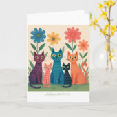 Kleurrijke Retro Katten in Bloementuin – Whimsical Kaart (Gele Bloem)