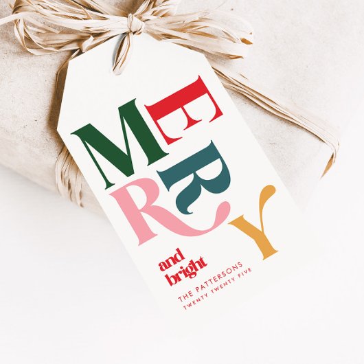 Kleurrijke Retro Kerstmis Merry & Bright Cadeaulabel