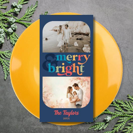 Kleurrijke Retro Merry & Bright Christmas 2 foto's Feestdagenkaart