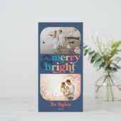 Kleurrijke Retro Merry & Bright Christmas 2 foto's Feestdagenkaart (Staand voorkant)
