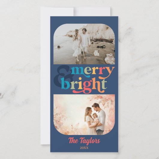 Kleurrijke Retro Merry & Bright Christmas 2 foto's Feestdagenkaart (Voorkant)