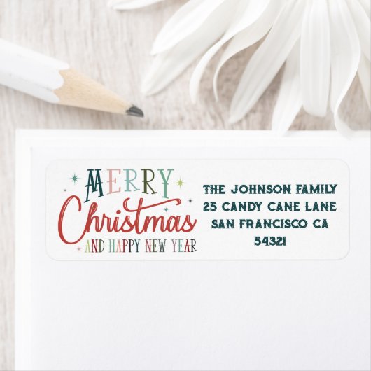 Kleurrijke Retro Merry Christmas  Typografie Etiket (Insitu)