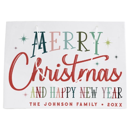 Kleurrijke Retro Merry Christmas Typografie Groot Cadeauzakje (Voorkant)