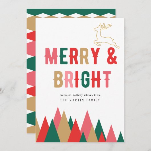 Kleurrijke Retro Merry en Bright Christmas Kaart (Voorkant / Achterkant)