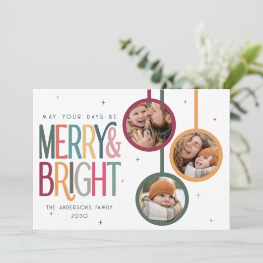 Kleurrijke Retro Merry en Bright Photo Schattigee  Feestdagenkaart (Staand voorkant)