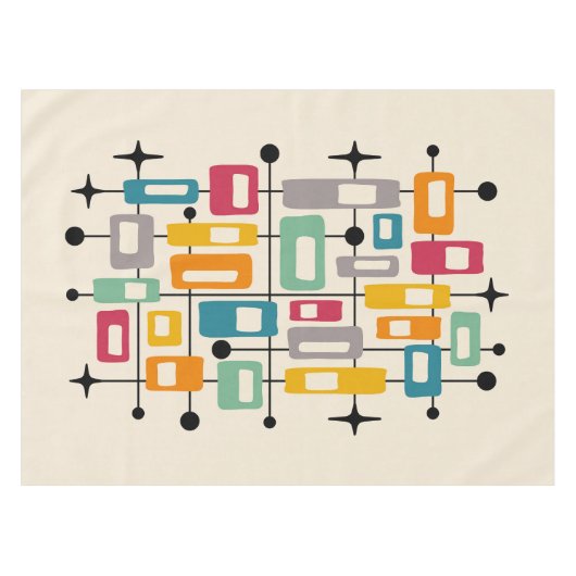 Kleurrijke Retro Mid Century Modern Atomic Abstrac Tafelkleed (Voorkant (Horizontaal))