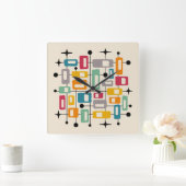 Kleurrijke Retro Mid Century Modern Atomic Abstrac Vierkante Klok (Huis)