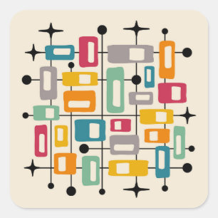 Kleurrijke Retro Mid Century Modern Atomic Abstrac Vierkante Sticker