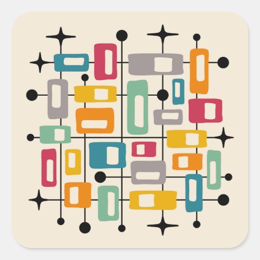 Kleurrijke Retro Mid Century Modern Atomic Abstrac Vierkante Sticker (Voorkant)