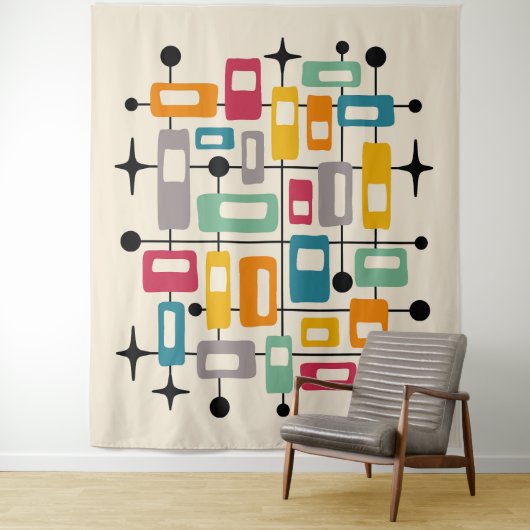 Kleurrijke Retro Mid Century Modern Atomic Abstrac Wandkleed (In situ)