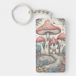 Kleurrijke Retro Mushroom Hut Illustratie Sleutelhanger