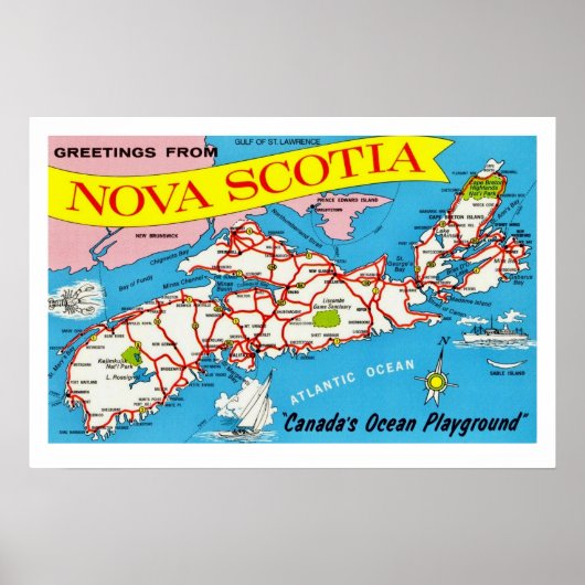 Kleurrijke Retro Nova Scotia Kaart Print (Voorkant)
