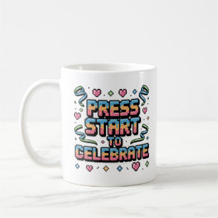 Kleurrijke Retro Pixel Druk op Start Gamer Celebra Koffiemok
