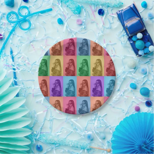 Kleurrijke Retro Pop Art Modern Custom Photo Grid Papieren Bordje (Feest)