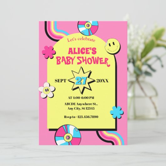 Kleurrijke retro pop plezier baby shower kaart (Staand voorkant)
