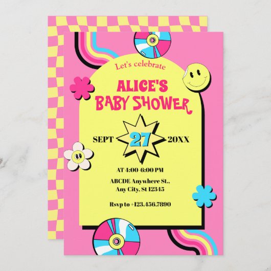 Kleurrijke retro pop plezier baby shower kaart (Voorkant / Achterkant)