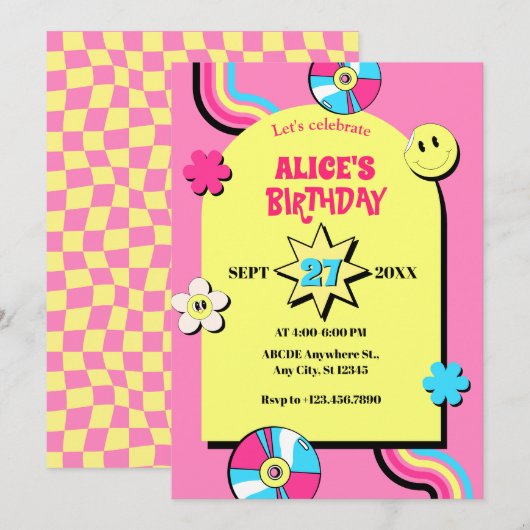 Kleurrijke retro pop plezier pastel verjaardag kaart (Voorkant / Achterkant)