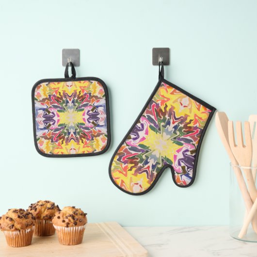 Kleurrijke Retro Psychedelische Kaleidoscoop Abstr Ovenwant & Pannenlap Set (Insitu(Ophanging))