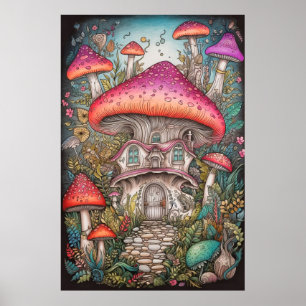 Kleurrijke retro psychedelische paddestoel illustr poster