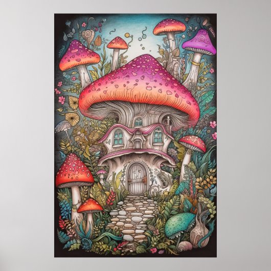 Kleurrijke retro psychedelische paddestoel illustr poster (Voorkant)