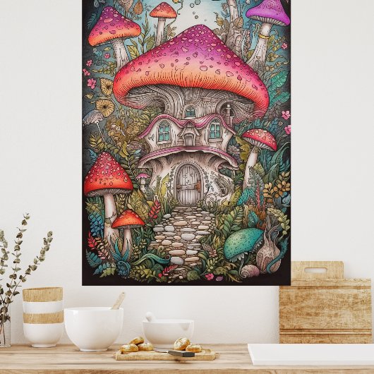 Kleurrijke retro psychedelische paddestoel illustr poster (Keuken)
