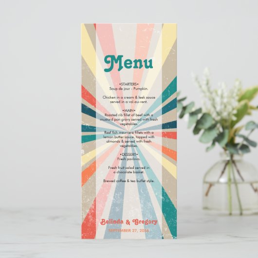 Kleurrijke Retro Rainbow Sunburst Weddenschap Menu (Staand voorkant)