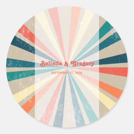 Kleurrijke Retro Rainbow Sunburst Weddenschap Ronde Sticker (Voorkant)