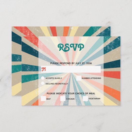 Kleurrijke Retro Rainbow Sunburst Weddenschap RSVP Kaartje (Voorkant / Achterkant)