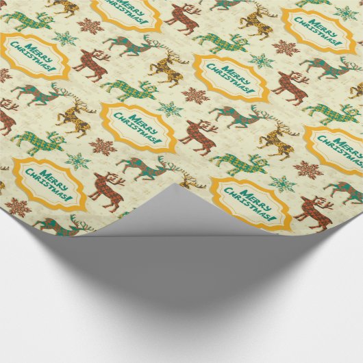 Kleurrijke Retro Regen-Herten Vrolijk Kerstfeest Cadeaupapier (Hoek)