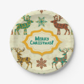 Kleurrijke Retro Regen-Herten Vrolijk Kerstfeest Papieren Bordje (Voorkant)