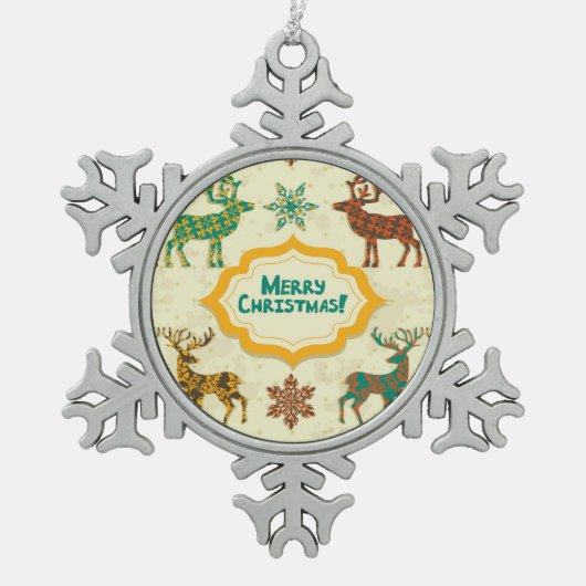 Kleurrijke Retro Regen-Herten Vrolijk Kerstfeest Tin Sneeuwvlok Ornament (Voorkant)