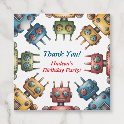 Kleurrijke Retro Robots Jongen Verjaardagsfeest Bedankjes Labels (Voorkant)