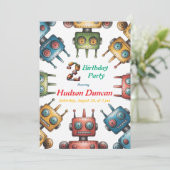 Kleurrijke Retro Robots Jongen Verjaardagsfeest Kaart (Staand voorkant)