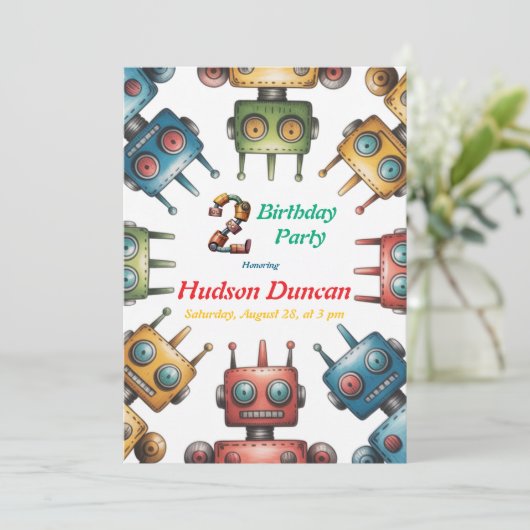 Kleurrijke Retro Robots Jongen Verjaardagsfeest Kaart (Staand voorkant)