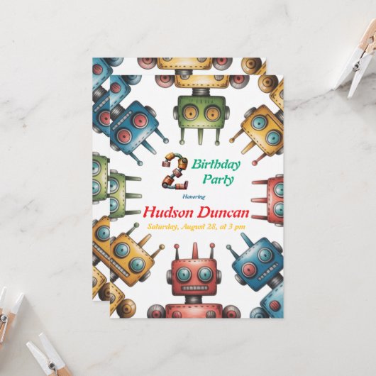 Kleurrijke Retro Robots Jongen Verjaardagsfeest Kaart (Voorkant / Achterkant in situ)