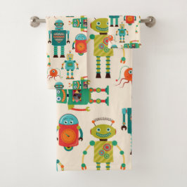 Kleurrijke Retro Robots Patroon Bad Handdoek