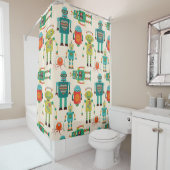 Kleurrijke Retro Robots Patroon Douchegordijn (In situ)