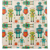 Kleurrijke Retro Robots Patroon Douchegordijn (Voorkant)