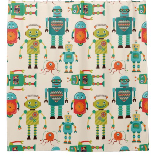 Kleurrijke Retro Robots Patroon Douchegordijn (Voorkant)
