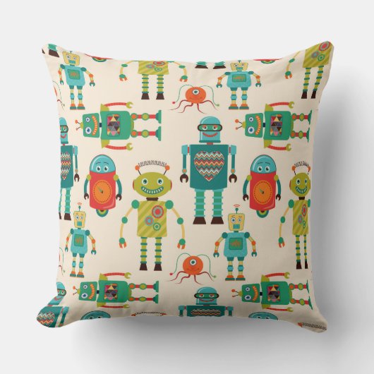 Kleurrijke Retro Robots Patroon Kussen (Voorkant)