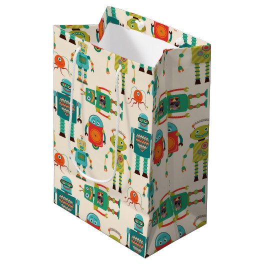 Kleurrijke Retro Robots Patroon Medium Cadeauzakje (Voorkant Gekanteld)