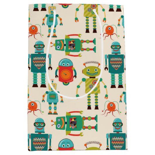 Kleurrijke Retro Robots Patroon Medium Cadeauzakje (Voorkant)