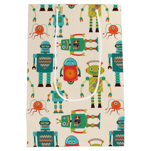 Kleurrijke Retro Robots Patroon Medium Cadeauzakje (Achterkant)