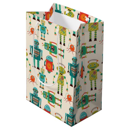 Kleurrijke Retro Robots Patroon Medium Cadeauzakje (Achterkant Gekanteld)