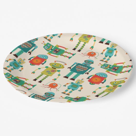 Kleurrijke Retro Robots Patroon Papieren Bordje (Gekanteld)