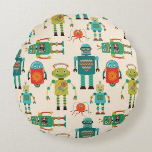 Kleurrijke Retro Robots Patroon Rond Kussen