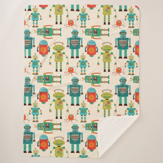 Kleurrijke Retro Robots Patroon Sherpa Deken (Voorkant)
