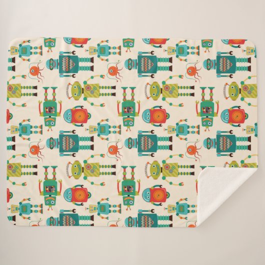 Kleurrijke Retro Robots Patroon Sherpa Deken (Voorkant (horizontaal))