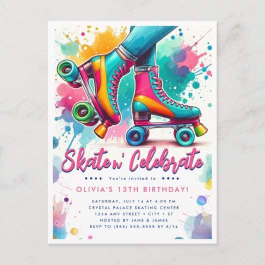 Kleurrijke Retro Roller Schaats Verjaardag Briefkaart (Voorkant)
