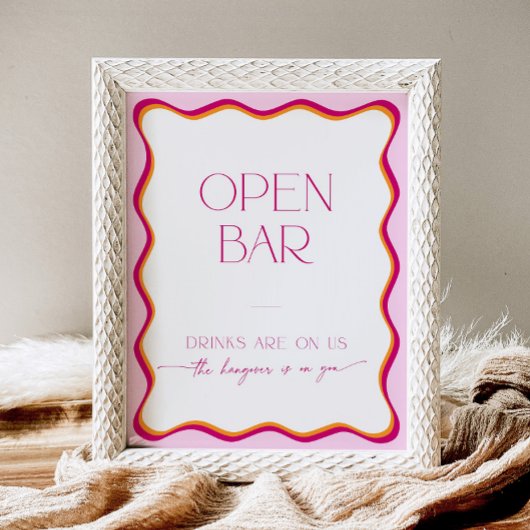 Kleurrijke Retro Roze Sinaasappel Wavy Rand Open B Reclamebord Met Voetstuk